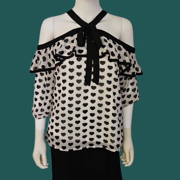PAPAYA Black and White Hearts Ruffle Criss Cross Off-Shoulder Chiffon Top - Picture 1 of 8